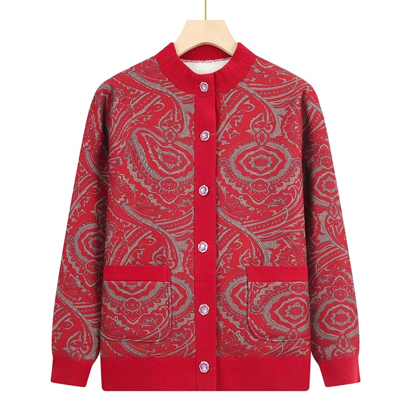 中国风妈妈装印花气质开衫显瘦秋冬款加绒加厚保暖休闲短外套上衣