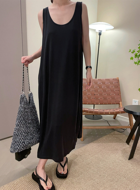 MKDesign 春夏新品 滑爽面料超薄款铜氨丝懒人黑色背心百搭连衣裙