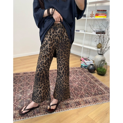 MKDesign 夏季新品 轻薄苎麻天丝豹纹微喇9分复古休闲裤