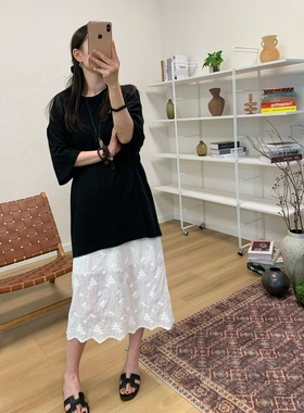 MKDesign 夏季新品 松紧腰轻薄休闲混发万能叠穿白色刺绣花边半裙