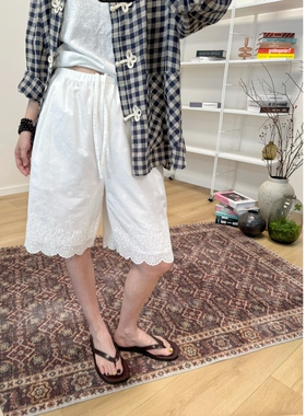 MKDesign 夏季新品 推荐休闲宽松白色刺绣轻薄款五分松紧腰大短裤