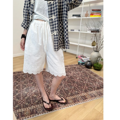 MKDesign 夏季新品 推荐休闲宽松白色刺绣轻薄款五分松紧腰大短裤