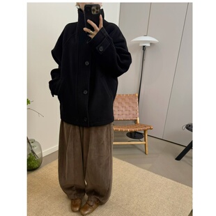 羊绒羊毛时髦立领短款 新品 黑色大衣外套 冬季 MKDesign