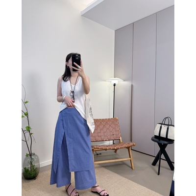 MKDesign 夏季新品多层设计屁帘感休闲蓝色格纹9分夏季薄款西装裤