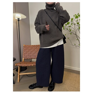 MKDesign 冬季新品100羊毛休闲高领宽松针织套头厚实毛衣