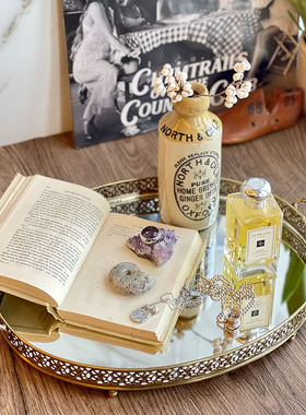 美式欧式轻奢家居饰品进口黄铜镜面托盘客厅茶几收纳摆件玄关装饰