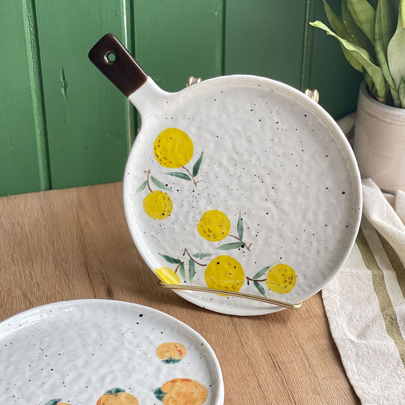 日式手把盘牛排盘可爱陶瓷餐具家用菜盘子手绘披萨盘平盘泡面碗