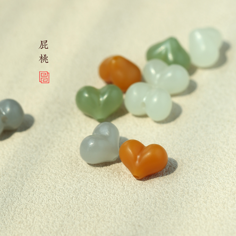 天然和田玉/缅黄屁桃 通孔文玩手串配饰