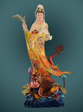铜雕彩绘骑龙祥龙站龙观音佛像