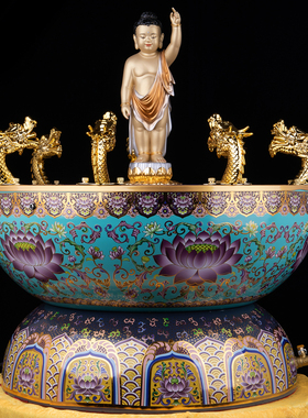 景泰蓝九龙浴佛盆浴佛节供奉摆件