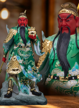汉白玉彩绘关公神像托聚宝盆摆件