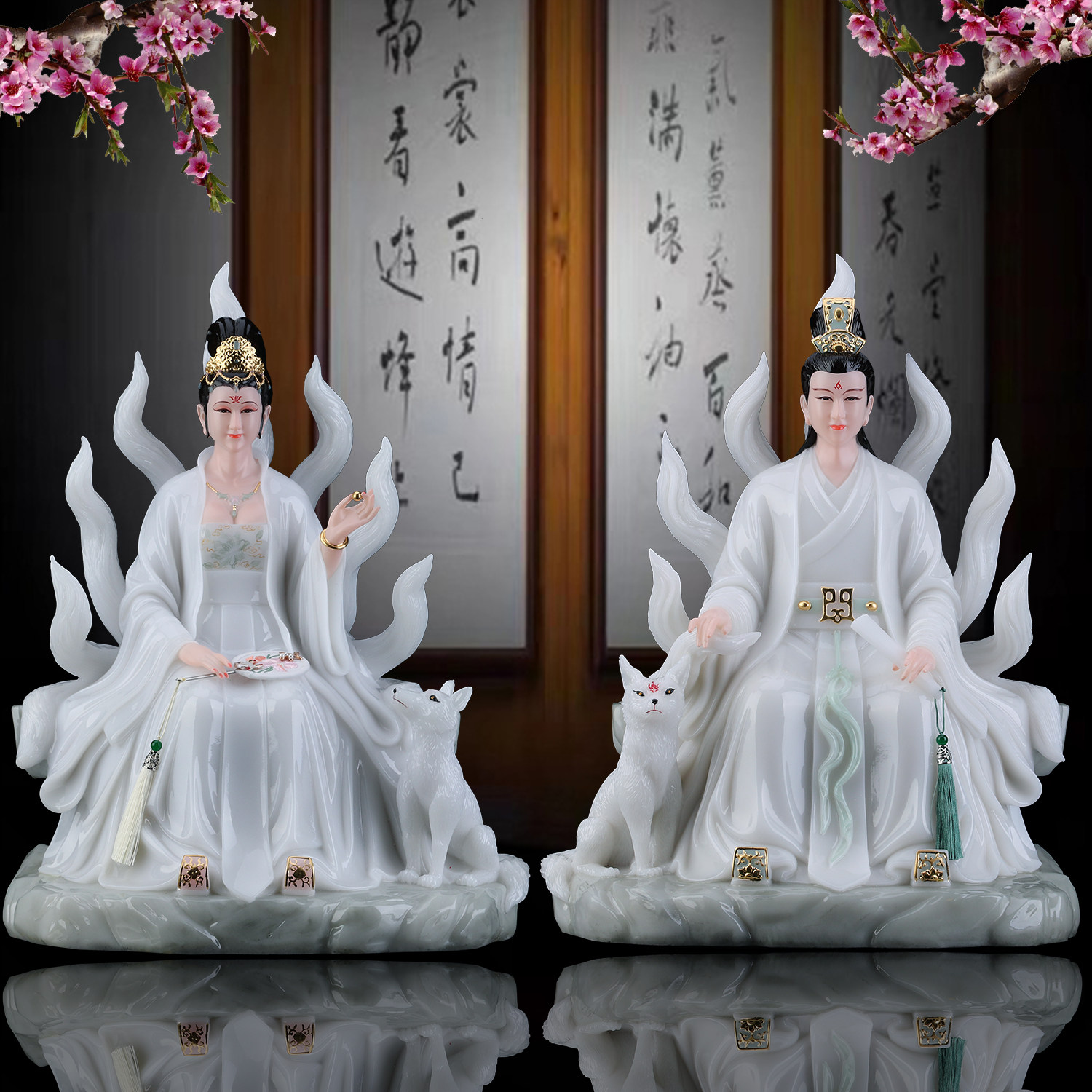 汉白玉九尾娘娘白衣九姑娘九公子九尾青丘白狐红狐家居神像摆件