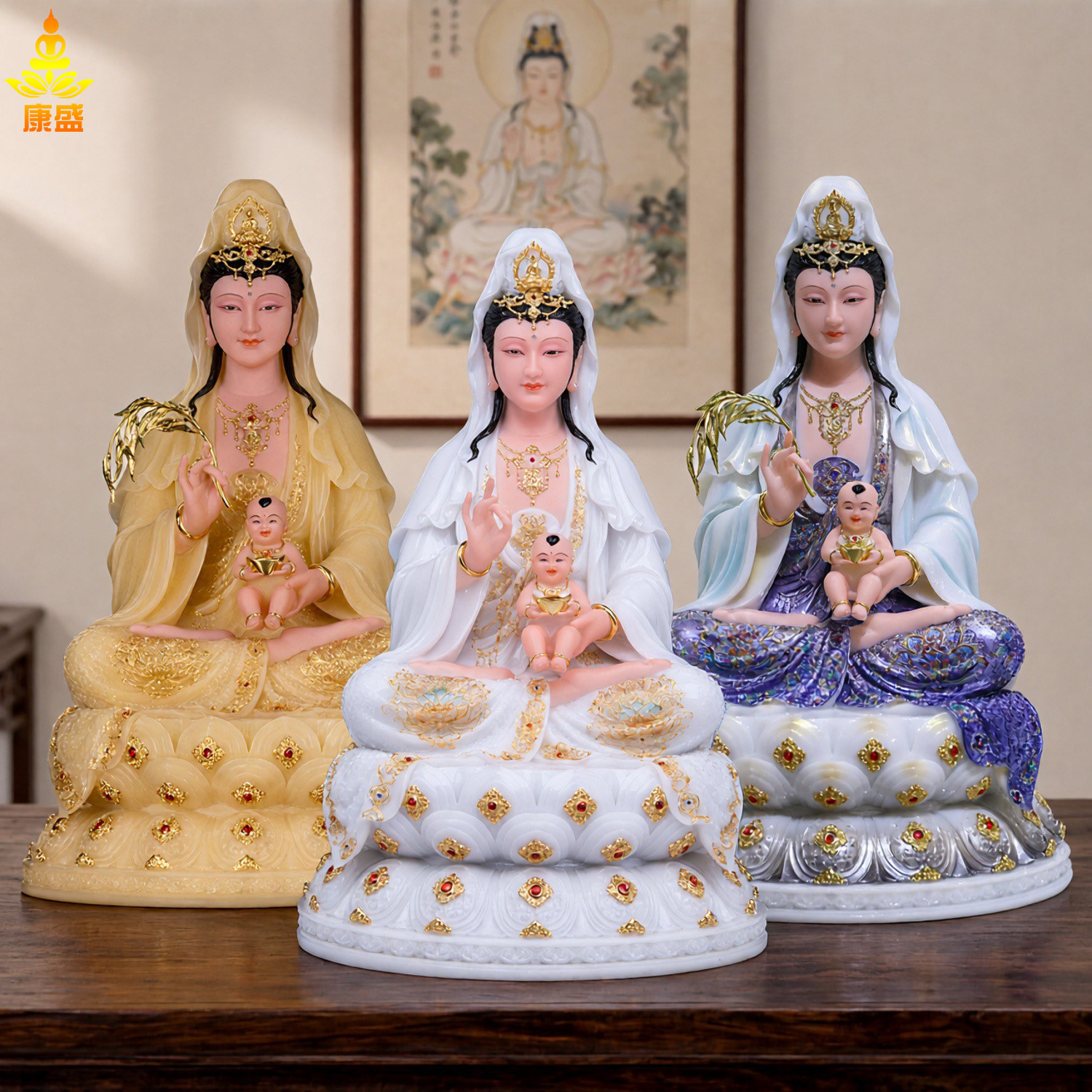 汉白玉送子观音佛像家用供奉摆件