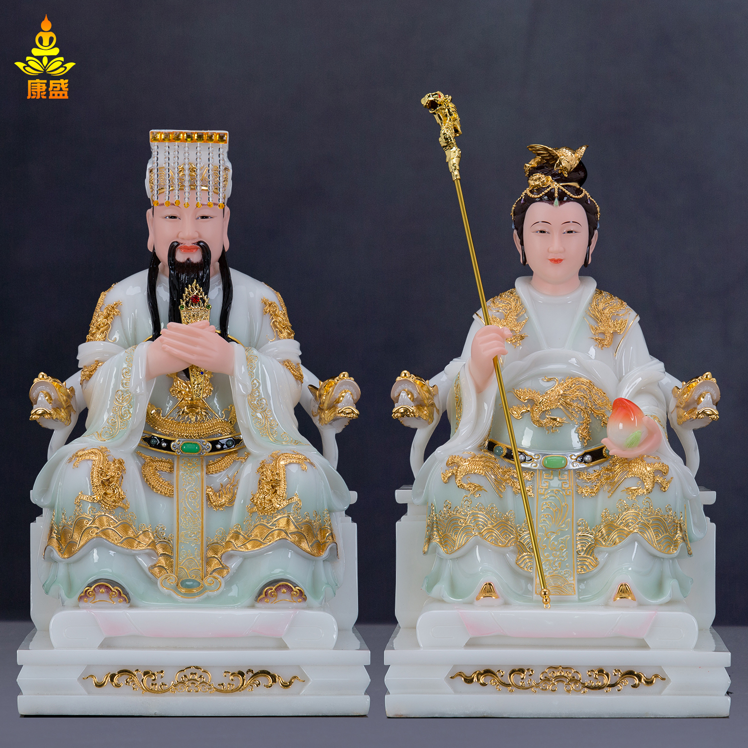 康盛玉帝王母神像玉皇大帝王母娘娘汉白玉镶金高品质佛像摆件