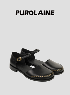 PUROLAINE·Estelle水洗牛皮铆钉圆头扣带时髦玛丽珍单鞋