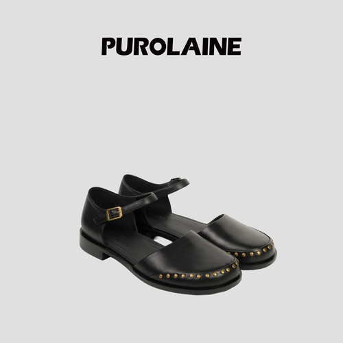 PUROLAINE·Estelle水洗牛皮铆钉圆头扣带时髦玛丽珍单鞋