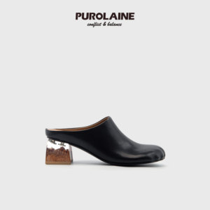 PUROLAINE朴羚原创分趾深口粗跟单鞋天然树脂实木跟包头超短靴