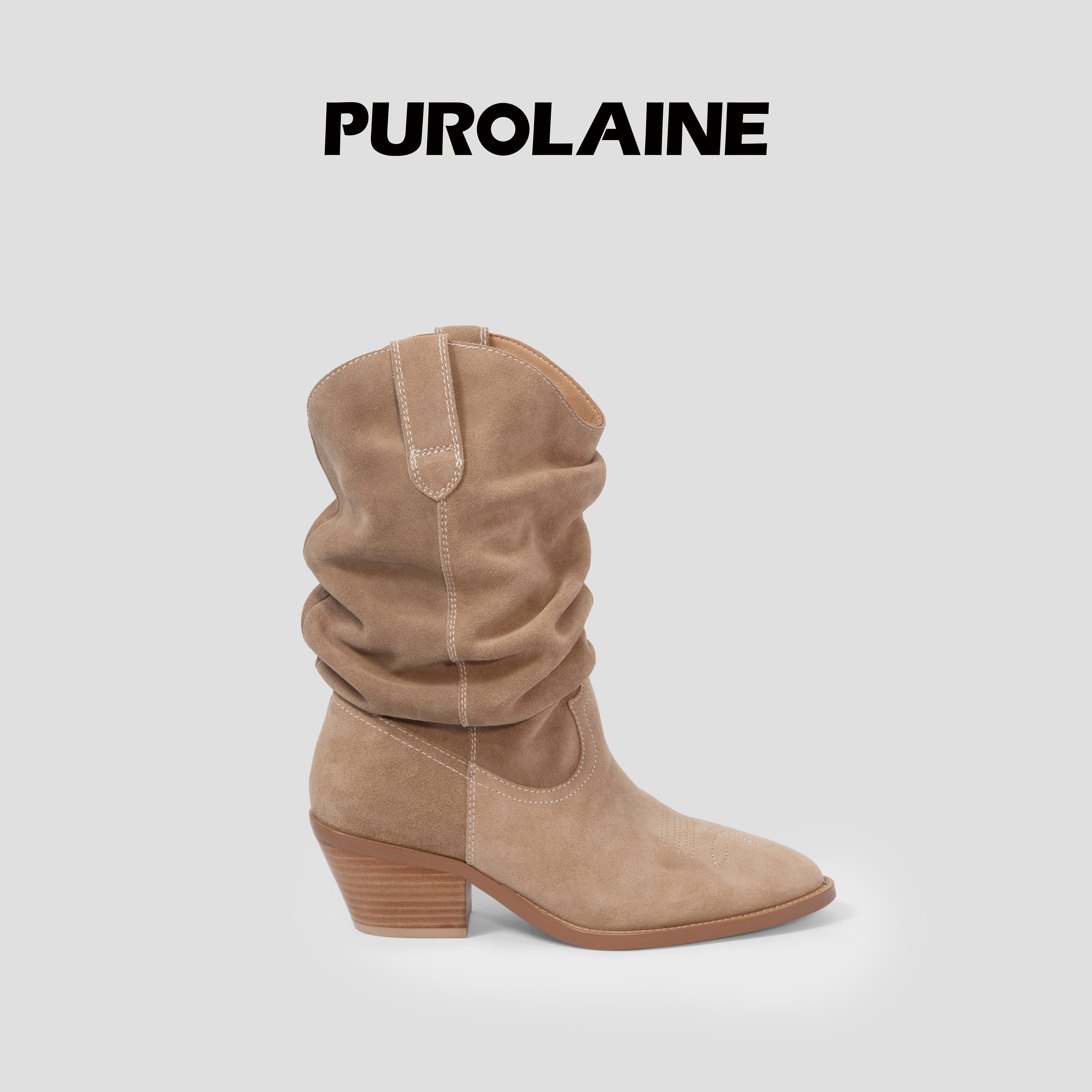 朴羚美拉德堆堆褶皱靴高跟小腿靴