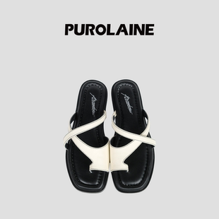 PUROLAINE 朴羚·线迹真皮缝线质感经典 外穿百搭几何交叉带拖鞋