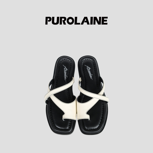 PUROLAINE 朴羚·线迹真皮缝线质感经典外穿百搭几何交叉带拖鞋