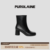 PUROLAINE·Rondo圆头气质利落极简黑色粗跟拉链高跟短靴