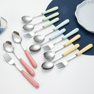不锈钢调羹个性 北欧ins可爱长柄陶瓷甜品勺餐勺 创意叉子勺子套装