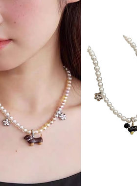 跨境黑白小狗吊坠珍珠项链串珠高级感配饰轻奢甜酷小众短链锁骨