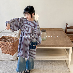 女童韩版长袖连衣裙春秋款中小儿童荷叶领公主裙宝宝衬衫款童裙潮