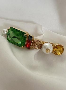 欧美名媛风通勤潮流轻奢绿色水晶珍珠盘发弹簧夹发夹