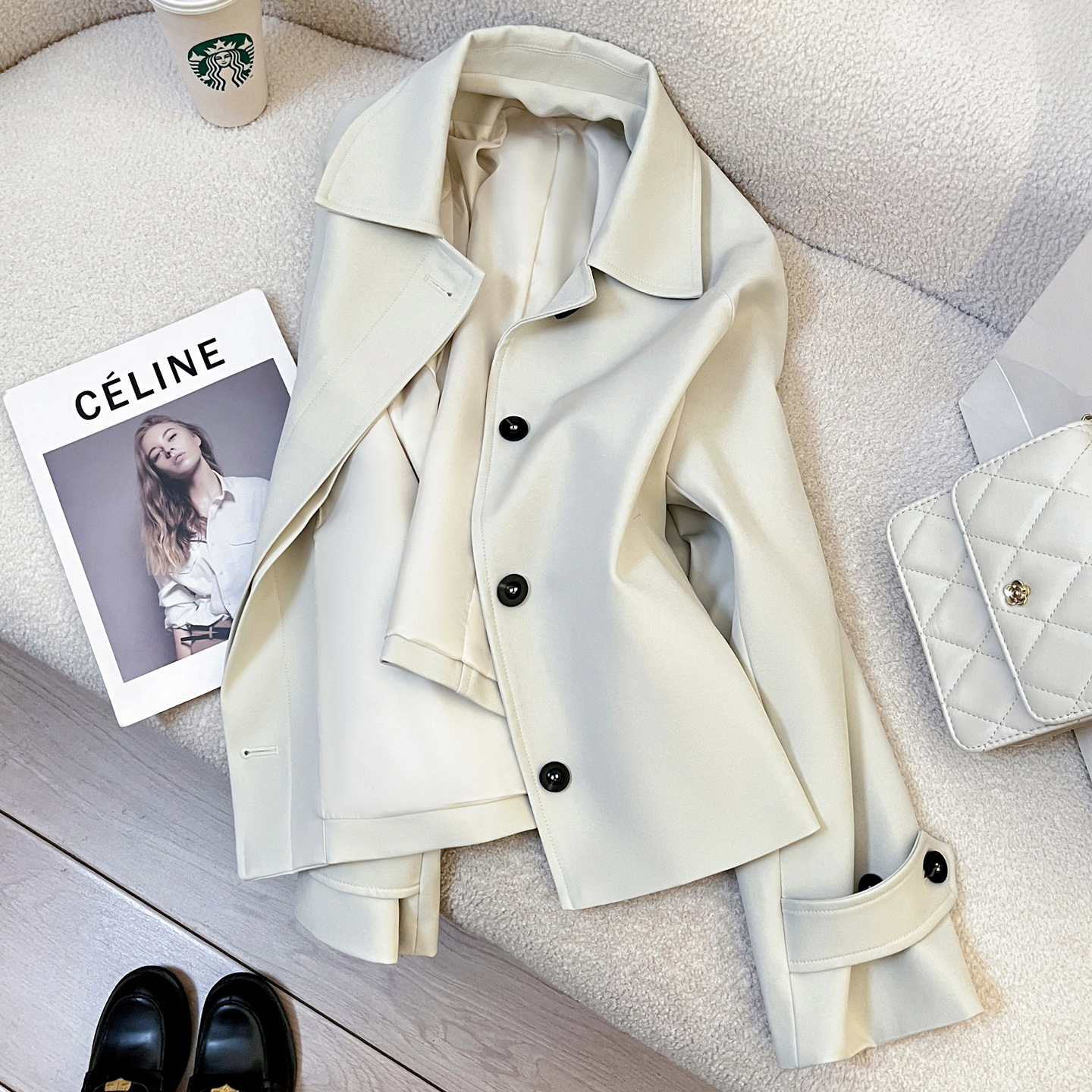 今年流行特惠米色时尚通勤短款风衣外套女2025秋季新款翻领休闲