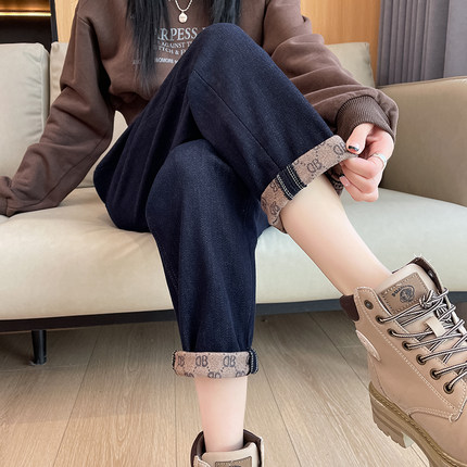 卷边高腰牛仔裤女春秋季抓绒显瘦宽松直筒加绒加厚哈伦萝卜老爹裤