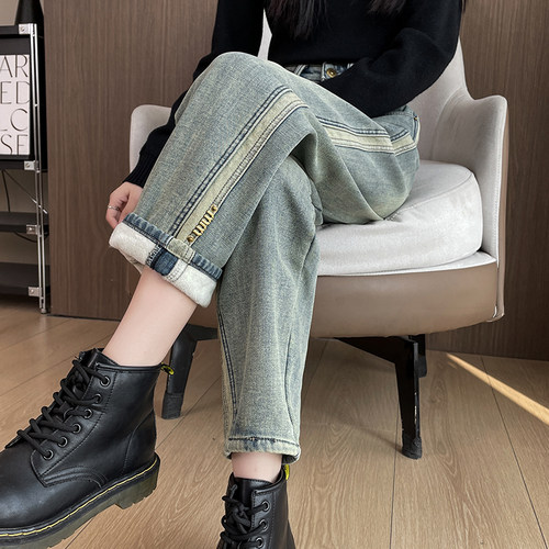 冷茶色加绒加厚哈伦牛仔裤女