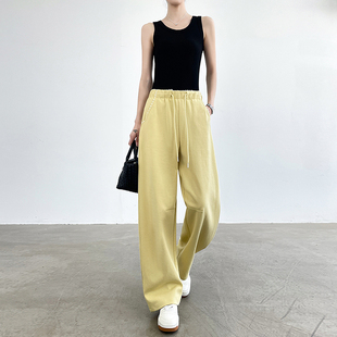 柠檬黄运动卫裤女夏季薄款高腰垂感直筒宽松休闲抽绳弯刀阔腿裤子