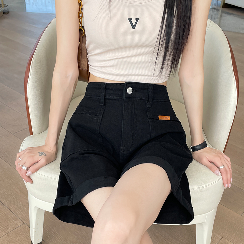 黑色牛仔短裤女2025夏季薄款高腰宽松显瘦阔腿小个子a字辣妹热裤