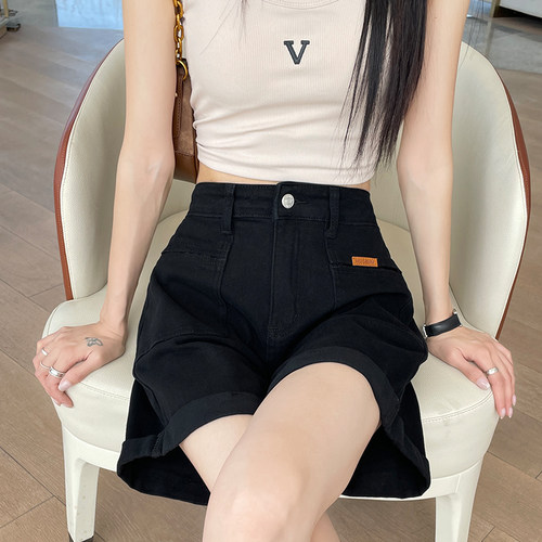 黑色牛仔短裤女显瘦阔腿