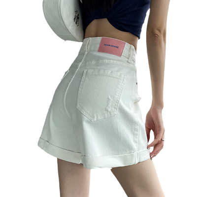 白色卷边高腰牛仔短裤女夏季薄款