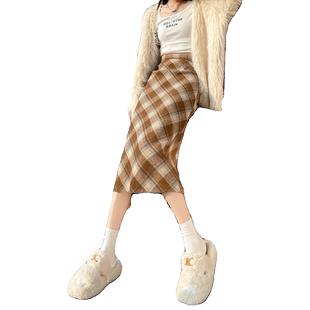 港风复古格子毛呢半身裙女高腰显瘦a字中长款加厚直筒开叉包臀裙