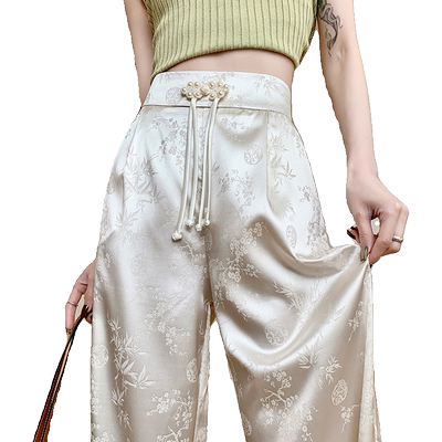 提花缎面阔腿裤女高腰垂感