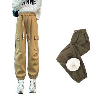 加绒工装裤女冬季高腰羊羔绒特厚小个子显瘦束脚休闲哈伦防风棉裤