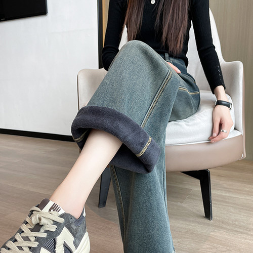 高腰显瘦复古加绒阔腿牛仔裤女