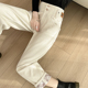 加厚高腰显瘦直筒宽松小个子老爹哈伦裤 米白色加绒牛仔裤 女春秋季