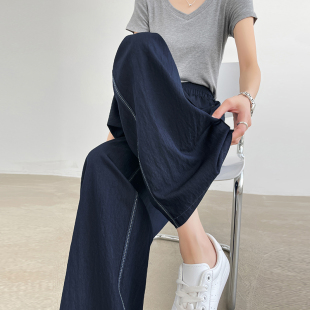 侧明线速干阔腿裤 女夏季 薄款 高腰宽松垂感肌理感藏青色防晒直筒裤