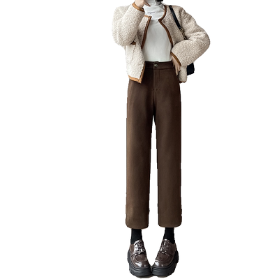 高腰小个子九分休闲毛呢裤女