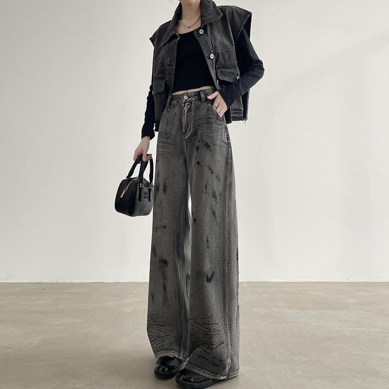 复古废土风扎染阔腿牛仔裤女