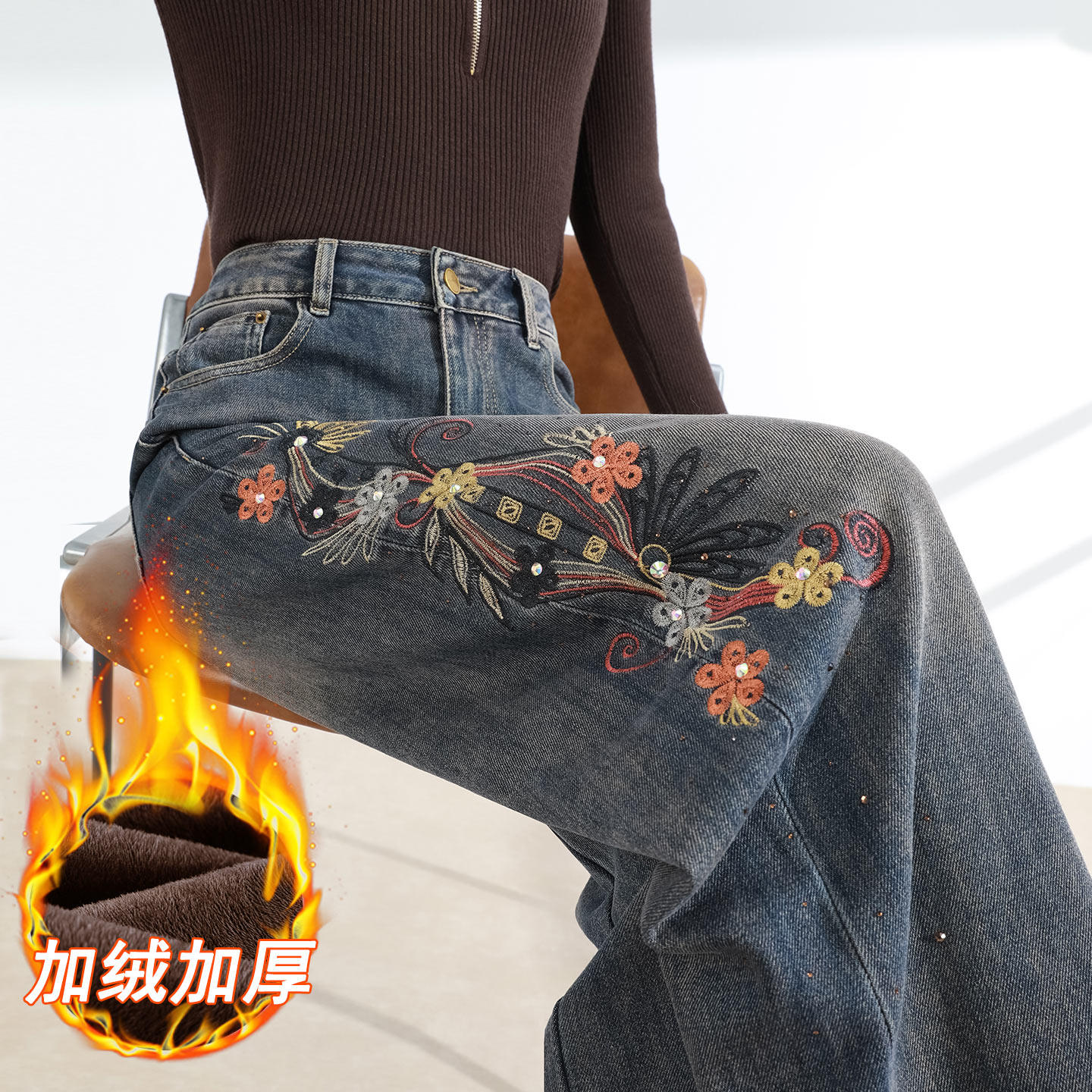 中式刺绣加绒牛仔阔腿裤女秋冬新款高腰显瘦复古绣花宽松直筒裤子,女装/女士精品,牛仔裤,淘宝优惠券,粉丝福利购,淘宝优惠卷