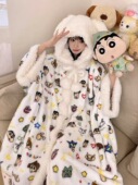 蜡笔小新珊瑚绒睡袍女秋冬季 加厚加绒连帽斗篷睡衣冬天家居服套装