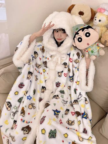蜡笔小新珊瑚绒睡袍女秋冬季加厚加绒连帽斗篷睡衣冬天家居服套装