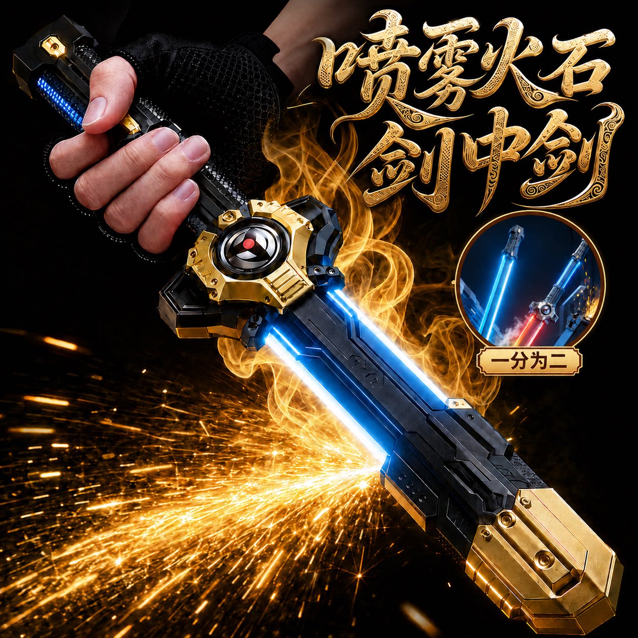 新爆款拔刀喷雾火石花光剑激光剑男孩发光宝剑刀儿童玩具2026网红