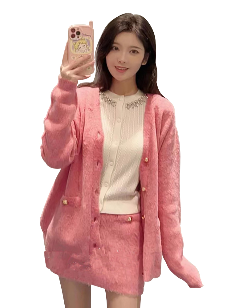 单排扣V领开衫三件套毛针织衫