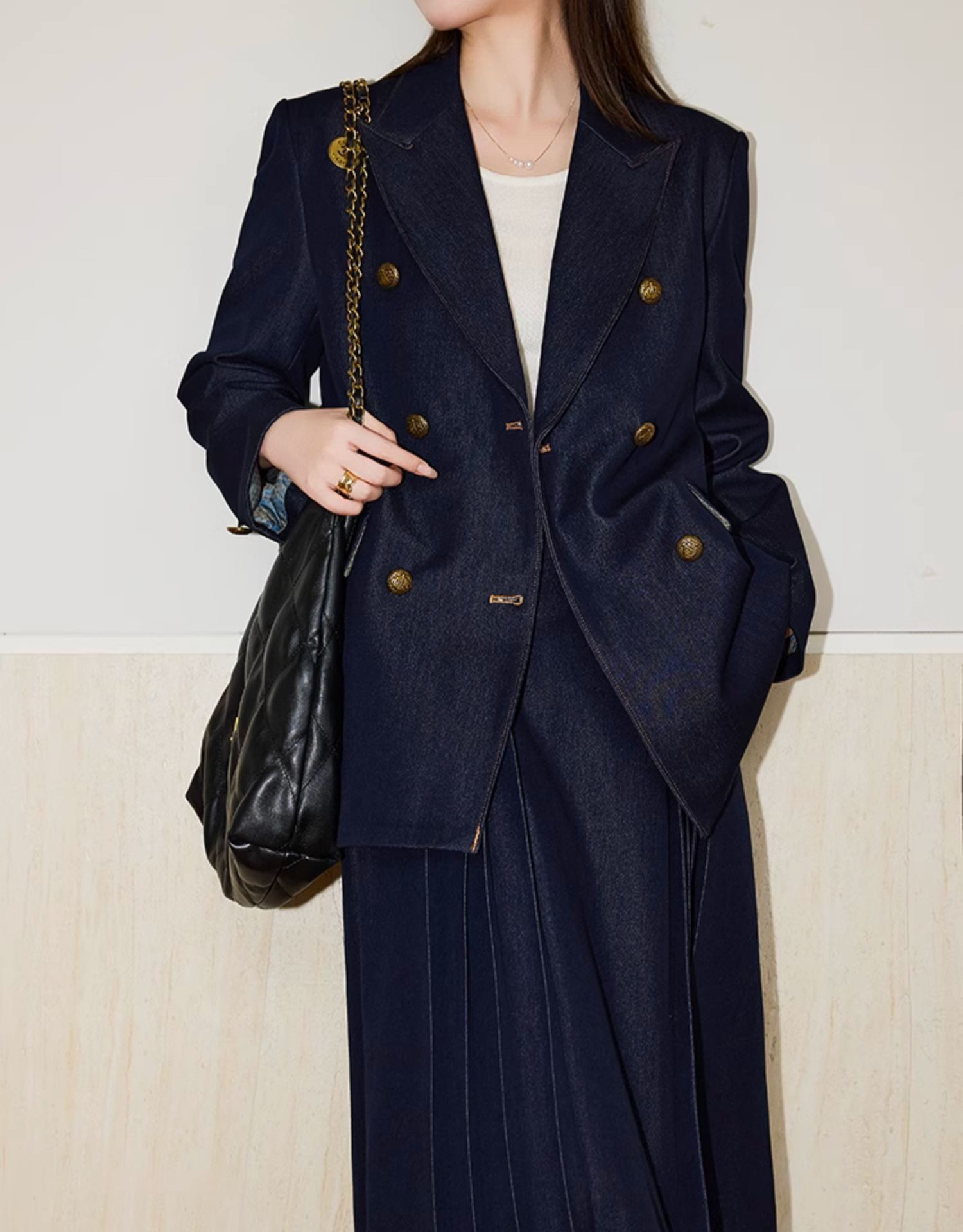 西装外套双排扣斜纹垂坠半身长裙2025秋季复古气质休闲通勤两件套